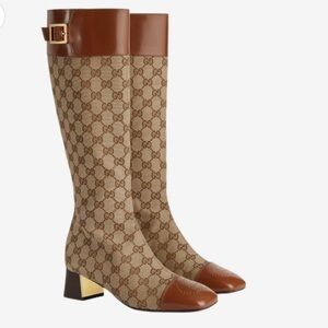 Like New Gucci Women’s Ellis GG-Monogram Canvas Knee High Leather Boots
